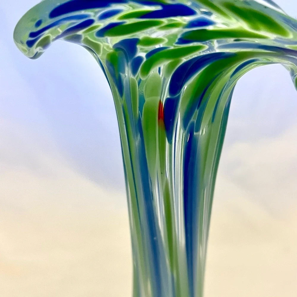 Hand Blown Stretch Glass Vase Jack In The Pulpit Blue Green, EUC